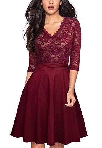 HOMEYEE Damen Vintage 3/4 Ärmel Floral Spitze Gestickte Cocktail Ausgestelltes Kleid A062 (EU 36 = Size S, Wein02) von HOMEYEE