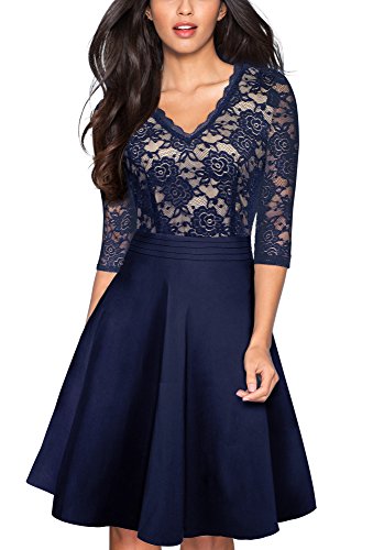 HOMEYEE Damen Vintage 3/4 Ärmel Floral Spitze Gestickte Cocktail Ausgestelltes Kleid A062 (EU 40 = Size L, Dunkelblau) von HOMEYEE