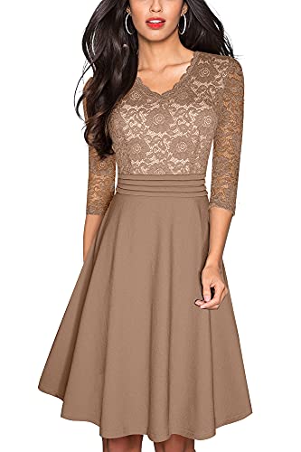 HOMEYEE Damen Vintage 3/4 Ärmel Floral Spitze Gestickte Cocktail Ausgestelltes Kleid A062 (L, Braun) von HOMEYEE