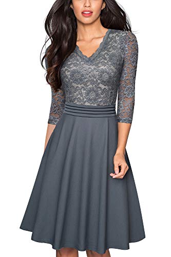 HOMEYEE Damen Vintage 3/4 Ärmel Floral Spitze Gestickte Cocktail Ausgestelltes Kleid A062 (S, Grau) von HOMEYEE