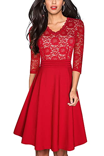 HOMEYEE Damen Vintage 3/4 Ärmel Floral Spitze Gestickte Cocktail Ausgestelltes Kleid A062 (XXL, Rot) von HOMEYEE