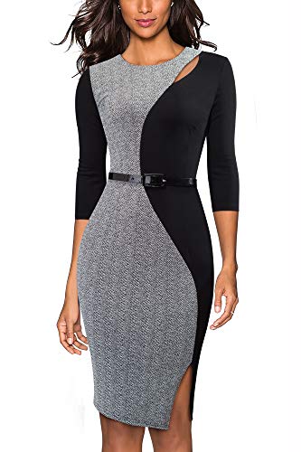 HOMEYEE Damen Vintage 3/4 Ärmel Rundhalsausschnitt Colorblock Gürtel Business Kleid B478 (EU 42 = Size XL, Grau) von HOMEYEE