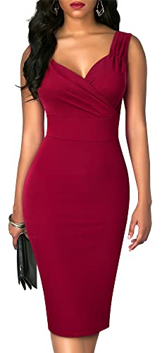 HOMEYEE Damen Vintage 50er Ärmellos Bodycon Cocktail Party Midi Bleistiftkleid B669 (L, Burgund) von HOMEYEE