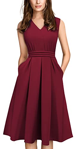 HOMEYEE Damen Vintage 50er Ärmellos Cocktail Retro mit Pocket Flared Kleid A196 (L, Dunkelrot) von HOMEYEE