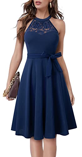 HOMEYEE Damen Vintage 50er Rockabilly Schulterfrei Bestickte Spitze Cocktailkleid A283 (S, Marineblau) von HOMEYEE