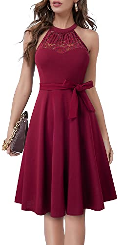 HOMEYEE Damen Vintage 50er Rockabilly Schulterfrei Bestickte Spitze Cocktailkleid A283 (L, Burgund) von HOMEYEE