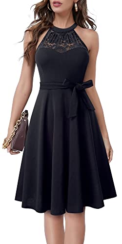 HOMEYEE Damen Vintage 50er Rockabilly Schulterfrei Bestickte Spitze Cocktailkleid A283 (L, Schwarz) von HOMEYEE