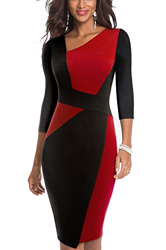 HOMEYEE Damen Vintage Ärmelloses Business Kleid aus Stretch mit Kontrastfarbe B517 (EU 36 = Size S, Rot + Schwarz-L) von HOMEYEE