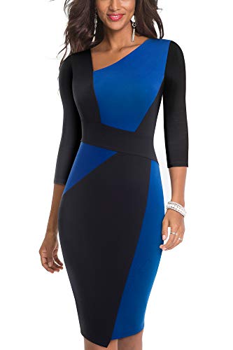 HOMEYEE Damen Vintage Ärmelloses Business Kleid aus Stretch mit Kontrastfarbe B517 (EU 40 = Size L, Blau + Schwarz-L) von HOMEYEE