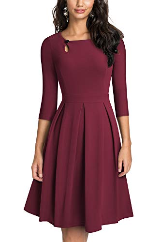 HOMEYEE Damen Vintage Aushöhlen Rundhals Abgefackelt Plissee Cocktailkleid A223 (L, Karminrot) von HOMEYEE