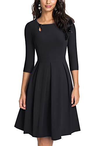 HOMEYEE Damen Vintage Aushöhlen Rundhals Abgefackelt Plissee Cocktailkleid A223 (L, Schwarz) von HOMEYEE