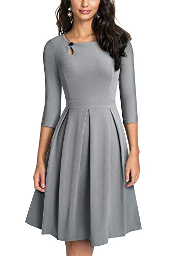 HOMEYEE Damen Vintage Aushöhlen Rundhals Abgefackelt Plissee Cocktailkleid A223 (S, Grau) von HOMEYEE