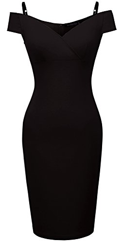 HOMEYEE Damen Vintage Blumendruck Off Shoulder Riemchen Knielänge Bodycon Enges Kleid B309 (EU 38 (Herstellergroesse: M), Schwarz) von HOMEYEE