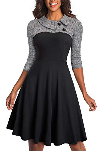 HOMEYEE Damen Vintage Revers Colorblock Houndstooth Patchwork Swing Business Kleid A121 (EU 36 = Size S, Grau Stoff B) von HOMEYEE