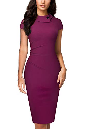 HOMEYEE Damen Vintage Revers Geraffte Bodycon Business Bleistiftkleid B574 (L, Karmin) von HOMEYEE