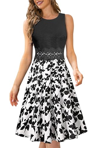 HOMEYEE Damen Vintage Rundhals Ärmellos Blumen Bestickt Knielang Cocktailkleid A079 (M, Weiß + Schwarz Blumen) von HOMEYEE