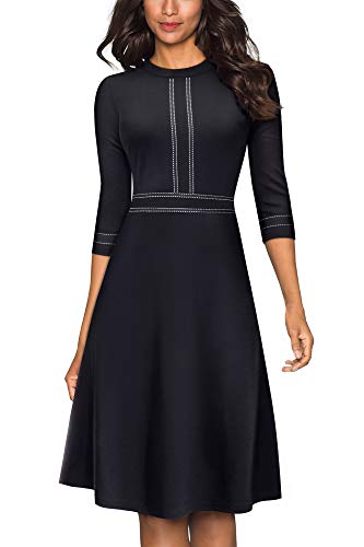 HOMEYEE Damen Vintage Rundhalsausschnitt 3/4 Ärmel Retro Knielanges Cocktailkleid A135 (EU 40 = Size L, Schwarz-B) von HOMEYEE