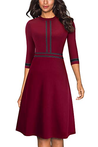 HOMEYEE Damen Vintage Rundhalsausschnitt 3/4 Ärmel Retro Knielanges Cocktailkleid A135 (EU 44 = Size XXL, Dunkelrot-B) von HOMEYEE