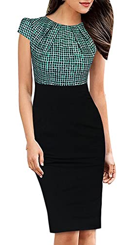 HOMEYEE Damen Vintage Rundhalsausschnitt Blumendruck Bodycon Business Bleistift Kleid B316 (XL, Grünes Gitter) von HOMEYEE