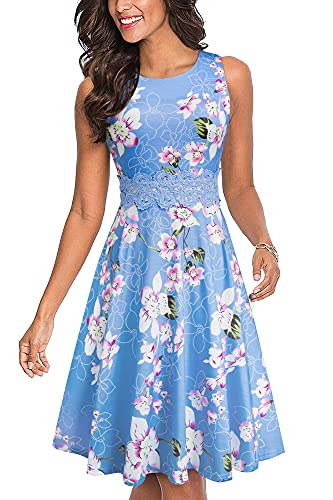 HOMEYEE Damen Vintage Rundhalsausschnitt ärmellosen Blumen Bestickt knielangen Cocktailkleid A079 (L, Hellblau) von HOMEYEE