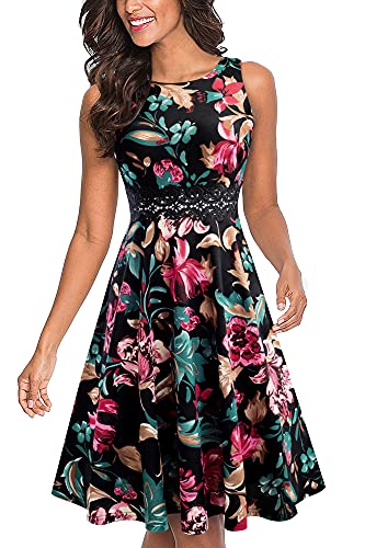 HOMEYEE Damen Vintage Rundhalsausschnitt ärmellosen Blumen Bestickt knielangen Cocktailkleid A079 (L, Schwarz + Grün Blumen) von HOMEYEE