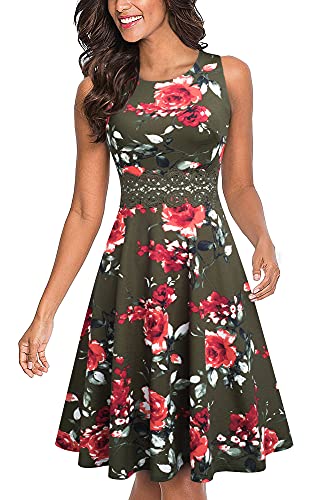 HOMEYEE Damen Vintage Rundhalsausschnitt ärmellosen Blumen Bestickt knielangen Cocktailkleid A079 (M, Olivgrün + Blumen) von HOMEYEE