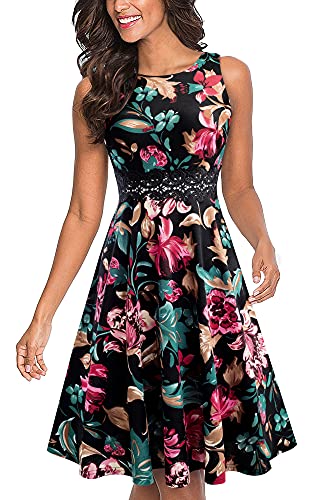 HOMEYEE Damen Vintage Rundhalsausschnitt ärmellosen Blumen Bestickt knielangen Cocktailkleid A079 (M, Schwarz + Grün Blumen) von HOMEYEE