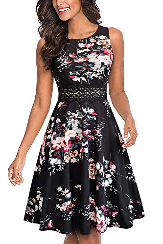 HOMEYEE Damen Vintage Rundhalsausschnitt ärmellosen Blumen Bestickt knielangen Cocktailkleid UKA079 (EU 36 = Size S, Schwarz + Floral) von HOMEYEE