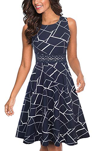 HOMEYEE Damen Vintage Rundhalsausschnitt ärmellosen Blumen Bestickt knielangen Cocktailkleid UKA079 (EU 36 = Size S, Stripe) von HOMEYEE