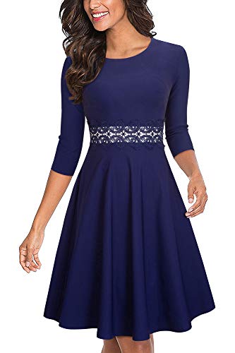 HOMEYEE Damen Vintage Rundhalsausschnitt ärmellosen Blumen Bestickt knielangen Cocktailkleid UKA079 (EU 38 = Size M, Dunkelblau - Stoff B) von HOMEYEE