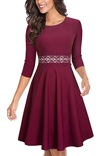 HOMEYEE Damen Vintage Rundhalsausschnitt Blumen Bestickt knielangen Cocktailkleid UKA079 (M, Karminrot - Stoff B) von HOMEYEE