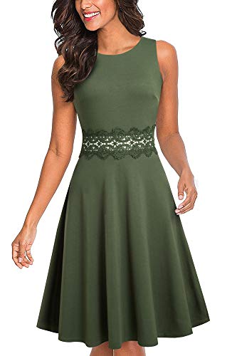 HOMEYEE Damen Vintage Rundhalsausschnitt ärmellosen Blumen Bestickt knielangen Cocktailkleid UKA079 (EU 38 = Size M, Olive) von HOMEYEE