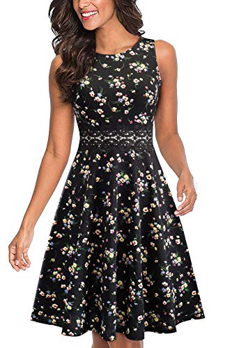 HOMEYEE Damen Vintage Rundhalsausschnitt ärmellosen Blumen Bestickt knielangen Cocktailkleid UKA079 (EU 38 = Size M, Schwarz + Gelb Floral) von HOMEYEE