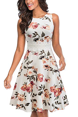 HOMEYEE Damen Vintage Rundhalsausschnitt ärmellosen Blumen Bestickt knielangen Cocktailkleid UKA079 (EU 38 = Size M, Weiß + Blumen) von HOMEYEE