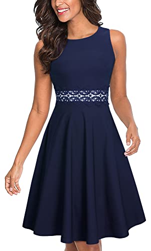 HOMEYEE Damen Vintage Rundhalsausschnitt ärmellosen Blumen Bestickt knielangen Cocktailkleid UKA079 (EU 38 = Size M, Dunkelblau) von HOMEYEE