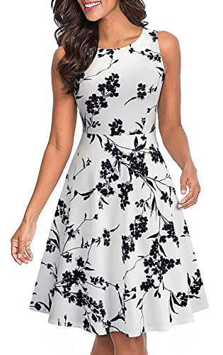 HOMEYEE Damen Vintage Rundhalsausschnitt ärmellosen Blumen Bestickt knielangen Cocktailkleid UKA079 (EU 42 = Size XL, Weiß + Schwarz) von HOMEYEE