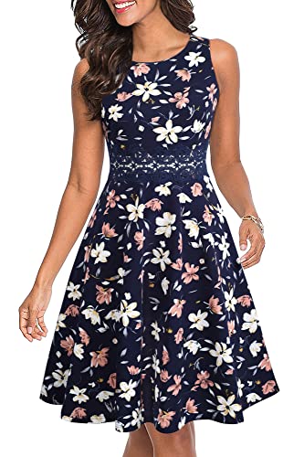 HOMEYEE Damen Vintage Rundhalsausschnitt ärmellosen Blumen Bestickt knielangen Cocktailkleid UKA079 (EU 42 = Size XL, Dunkelblau + Floral) von HOMEYEE