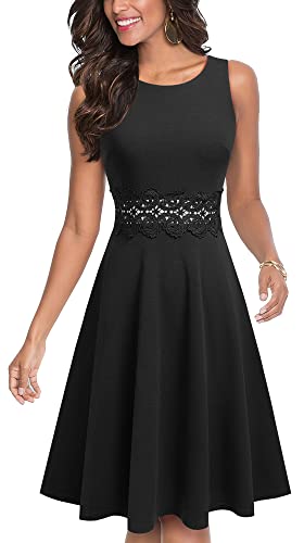 HOMEYEE Damen Vintage Rundhalsausschnitt ärmellosen Blumen Bestickt knielangen Cocktailkleid UKA079 (XL,Schwarz) von HOMEYEE