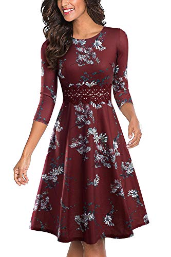 HOMEYEE Damen Vintage Rundhalsausschnitt Blumen Bestickt knielangen Cocktailkleid UKA079 (L, Dunkelrot + Blumen-3/4 Ärmel) von HOMEYEE