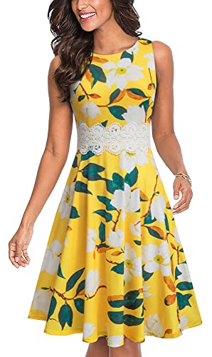 HOMEYEE Damen Vintage Rundhalsausschnitt ärmellosen Blumen Bestickt knielangen Cocktailkleid UKA079 (L, Gelb + Weiße Blumen) von HOMEYEE