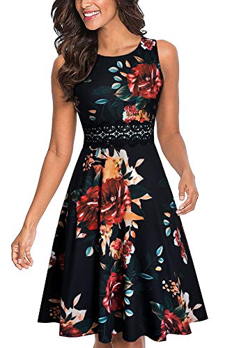 HOMEYEE Damen Vintage Rundhalsausschnitt ärmellosen Blumen Bestickt knielangen Cocktailkleid UKA079 (L, Gelb Floral + Schwarz) von HOMEYEE