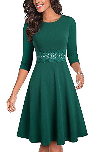 HOMEYEE Damen Vintage Rundhalsausschnitt Blumen Bestickt knielangen Cocktailkleid UKA079 (L, Grün + 3/4 Ärmel) von HOMEYEE