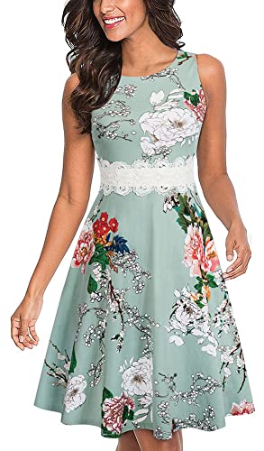 HOMEYEE Damen Vintage Rundhalsausschnitt ärmellosen Blumen Bestickt knielangen Cocktailkleid UKA079 (L, Hellgrün + Blumen) von HOMEYEE