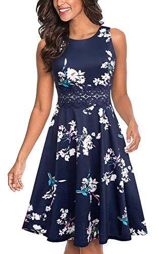 HOMEYEE Damen Vintage Rundhalsausschnitt ärmellosen Blumen Bestickt knielangen Cocktailkleid UKA079 (M, Marineblau + Weiße Blumen) von HOMEYEE