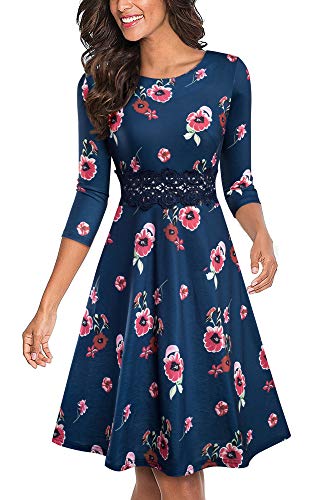 HOMEYEE Damen Vintage Rundhalsausschnitt Blumen Bestickt knielangen Cocktailkleid UKA079 (M, Rote Blumen-3/4 Ärmel) von HOMEYEE