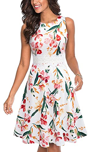 HOMEYEE Damen Vintage Rundhalsausschnitt ärmellosen Blumen Bestickt knielangen Cocktailkleid UKA079 (M, Weiß) von HOMEYEE