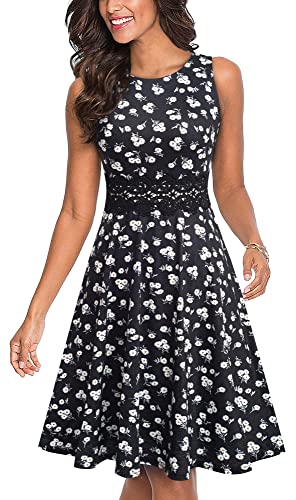 HOMEYEE Damen Vintage Rundhalsausschnitt ärmellosen Blumen Bestickt knielangen Cocktailkleid UKA079 (S, Weiße Blumen) von HOMEYEE