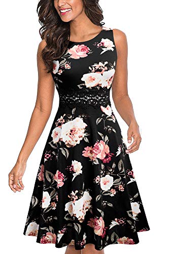 HOMEYEE Damen Vintage Rundhalsausschnitt ärmellosen Blumen Bestickt knielangen Cocktailkleid UKA079 (XXL, Schwarz + Weiß Floral) von HOMEYEE