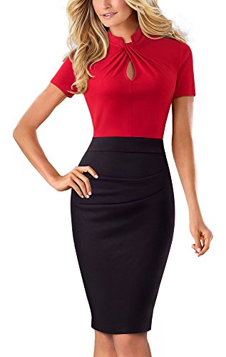 HOMEYEE Damen Vintage Stehkragen Kurzarm Bodycon Business Bleistift Kleid B430 (EU 36 = Size S, Rot) von HOMEYEE