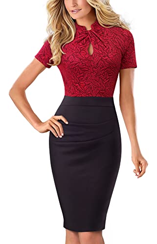 HOMEYEE Damen Vintage Stehkragen Kurzarm Bodycon Business Bleistift Kleid B430 (EU 42 = Size XL, Rot + Schwarz) von HOMEYEE